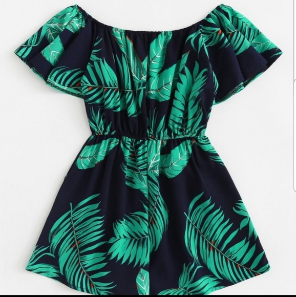 Pants - Off Shoulder Leaf Print Romper